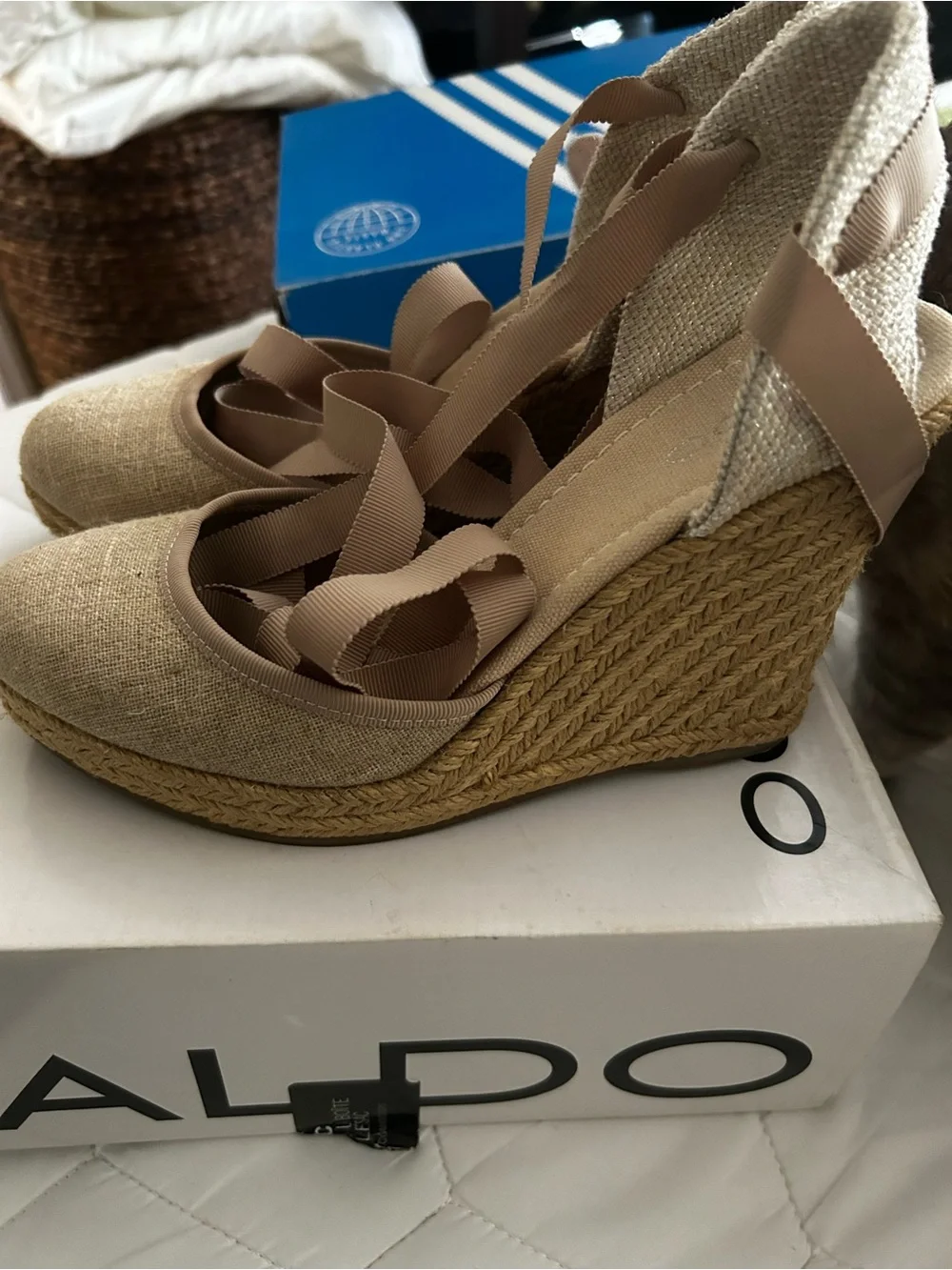 ALDO Tan Espadrille Wedge Sandals with Ribbon Ankle Ties
